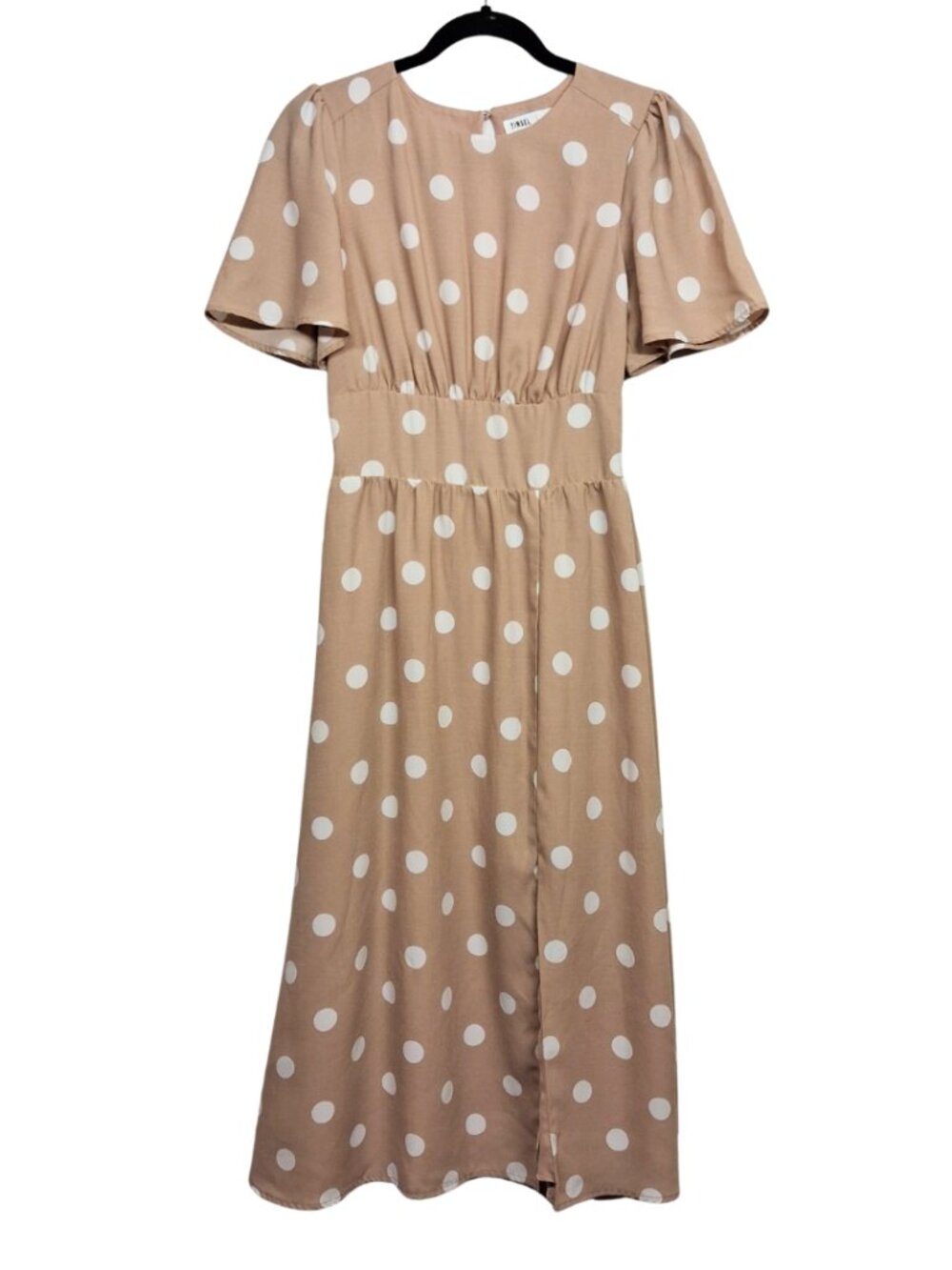 TINSEL Polka Dot Dress Midi Retro A Line Open Back Short Sleeve Tan White Print